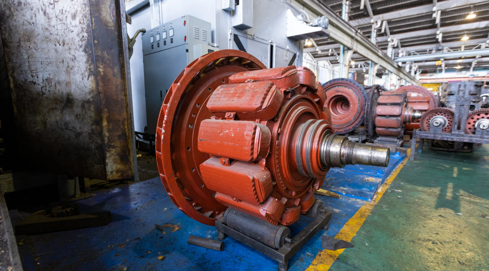 Large Red Industrial Motor In Manufacturing Workshop