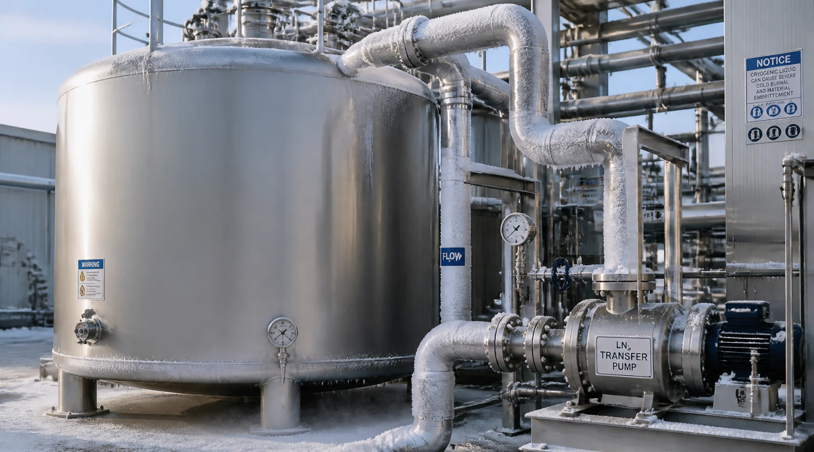 Cryogenic liquid nitrogen storage tank and transfer pump in an industrial low-temperature system