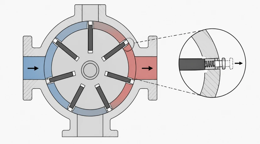 Diagram showing a sliding-vane pump's self-compensating seal maintaining efficiency on thin fluids