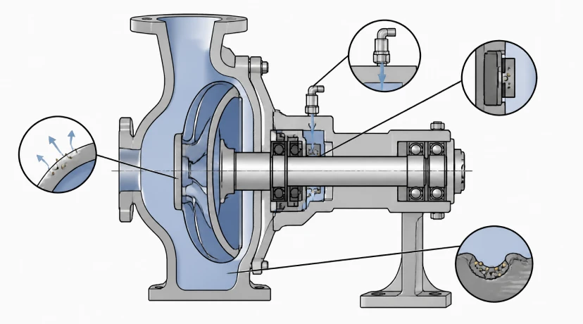 Cutaway diagram of a conventional pump showing seal particles and metal ion leaching contamination sources