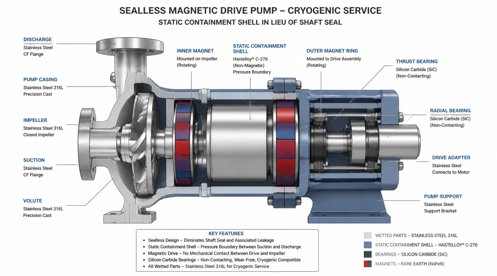 Cutaway of a sealless magnetic drive pump for cryogenic service showing the containment shell replacing the shaft seal
