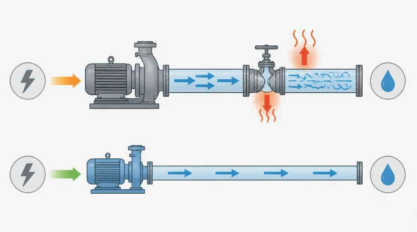 Diagram showing energy wasted across a throttle valve on an oversized pump