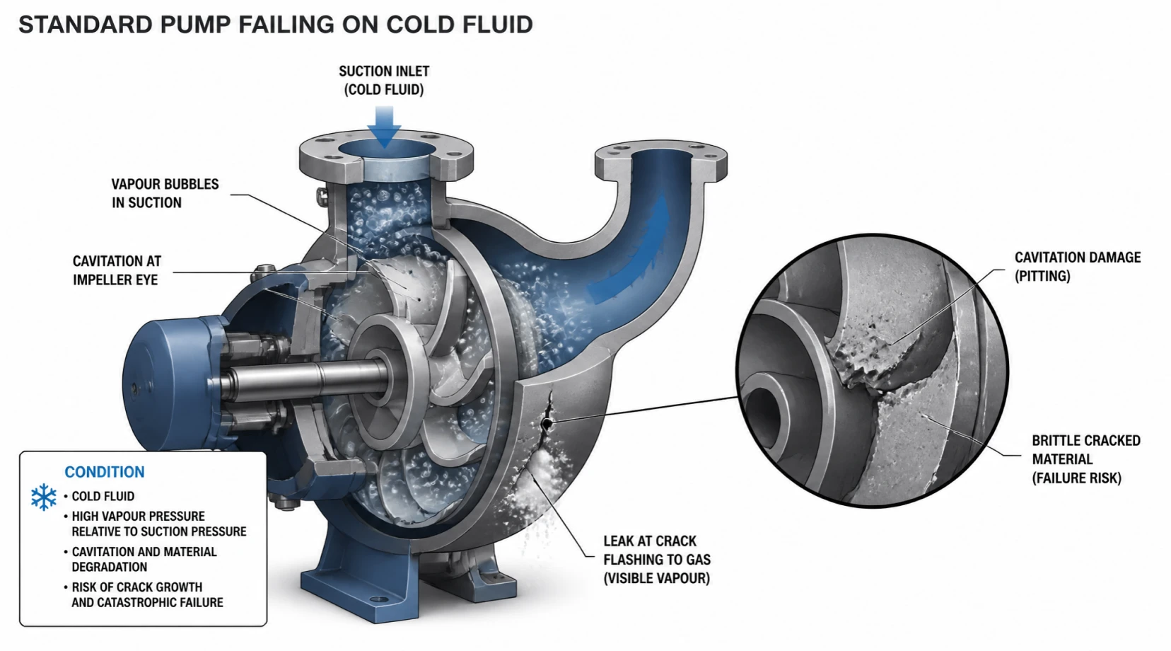 Diagram showing how cold fluids cause cavitation, material embrittlement and flash-to-gas leakage in a standard pump