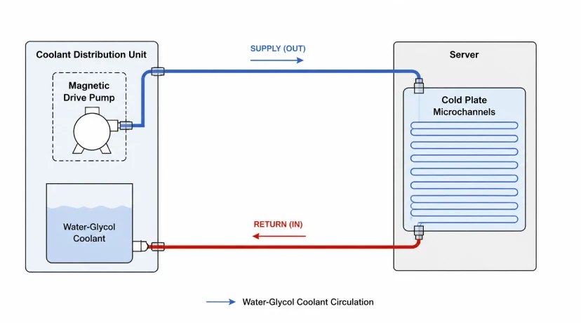 Magnetic drive pump in a direct-to-chip cooling loop diagram