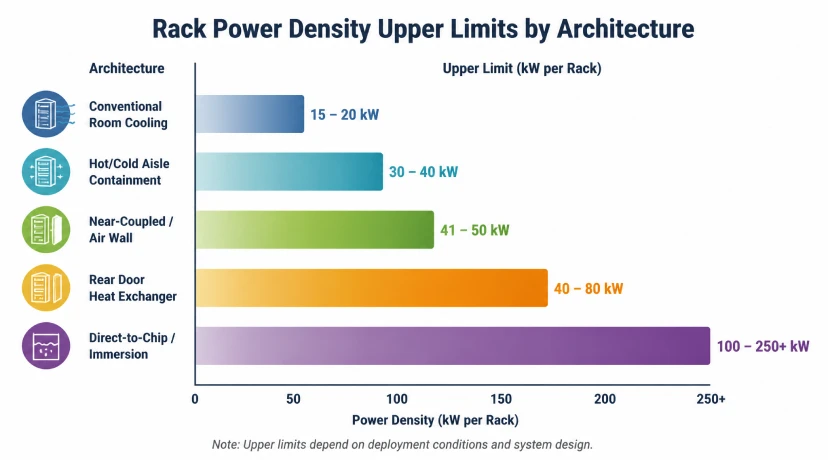 Bar chart of practical rack power density limits by air cooling architecture