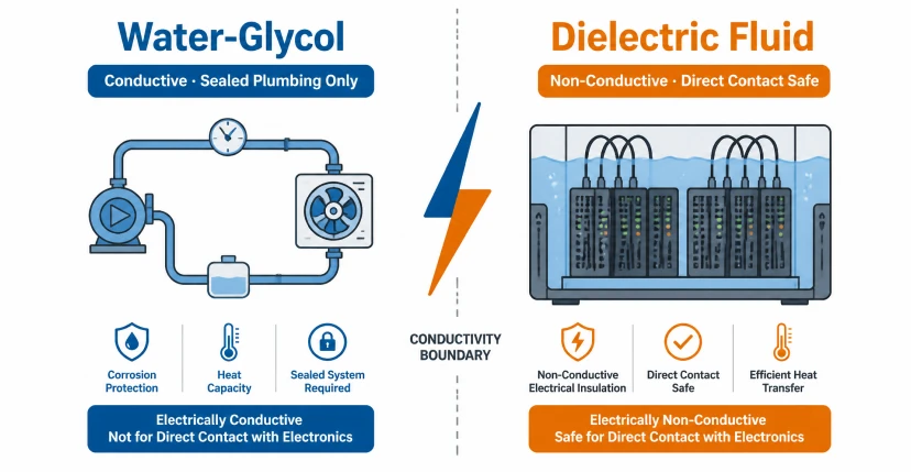 Diagram of the conductivity divide between water-glycol and dielectric coolants