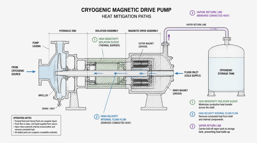 Diagram of eddy current heat mitigation strategies in a cryogenic magnetic drive pump