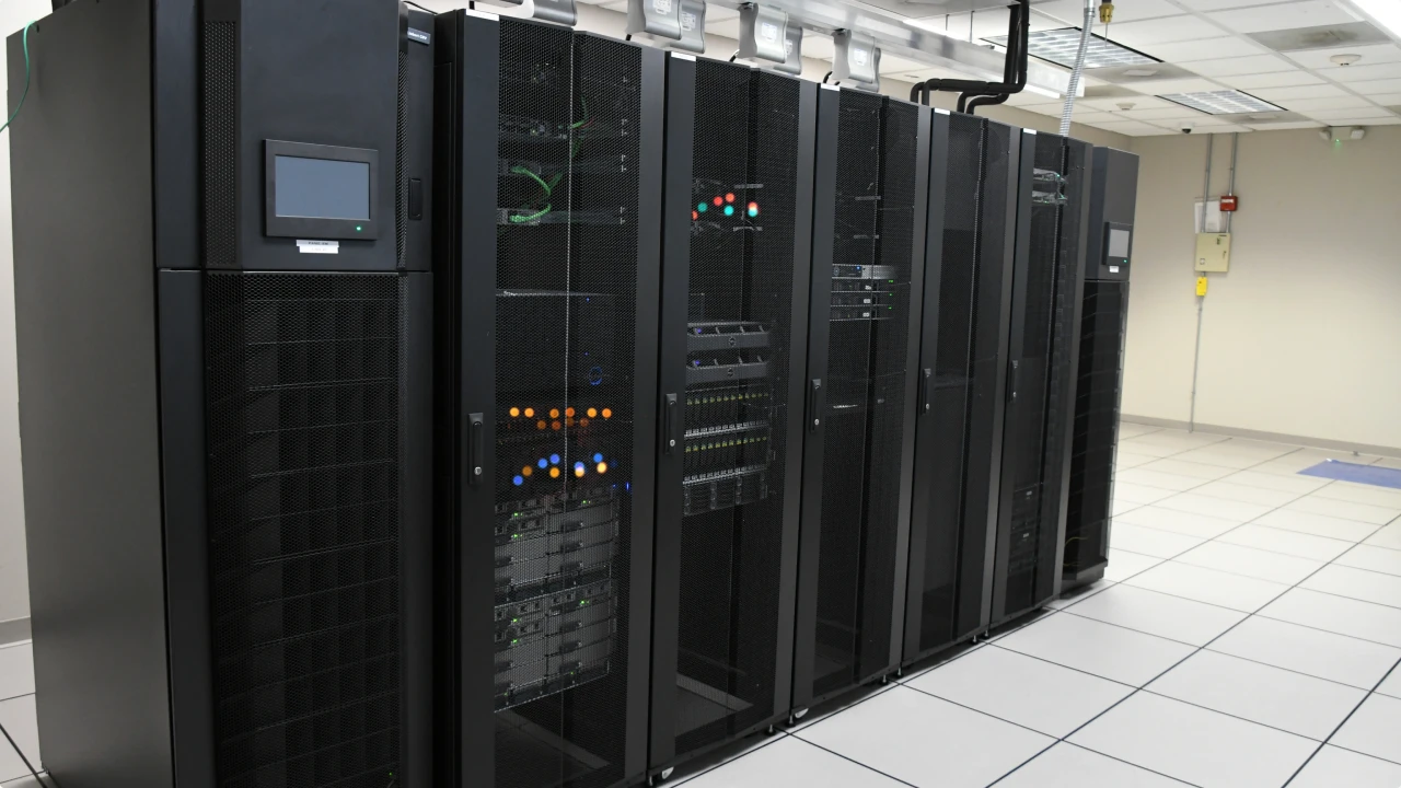 Air-cooled data center aisle beside liquid-cooled AI racks with coolant distribution unit