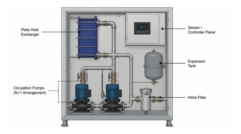 CDU internal components heat exchanger pumps expansion tank diagram