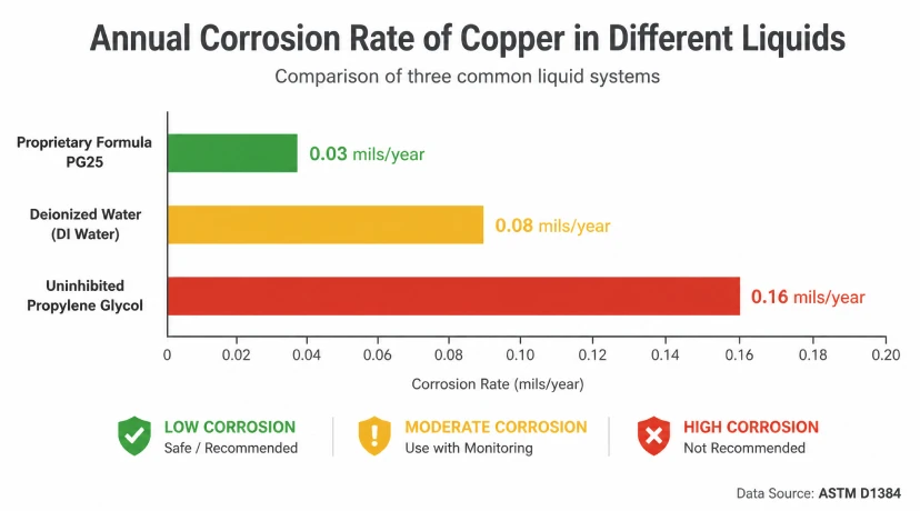 Bar chart of copper corrosion rates for inhibited versus uninhibited coolants under ASTM D1384