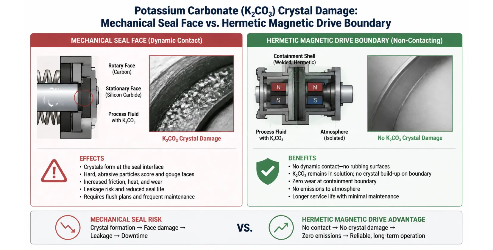 Diagram comparing potassium carbonate crystal damage on a mechanical seal face against a hermetic magnetic drive boundary
