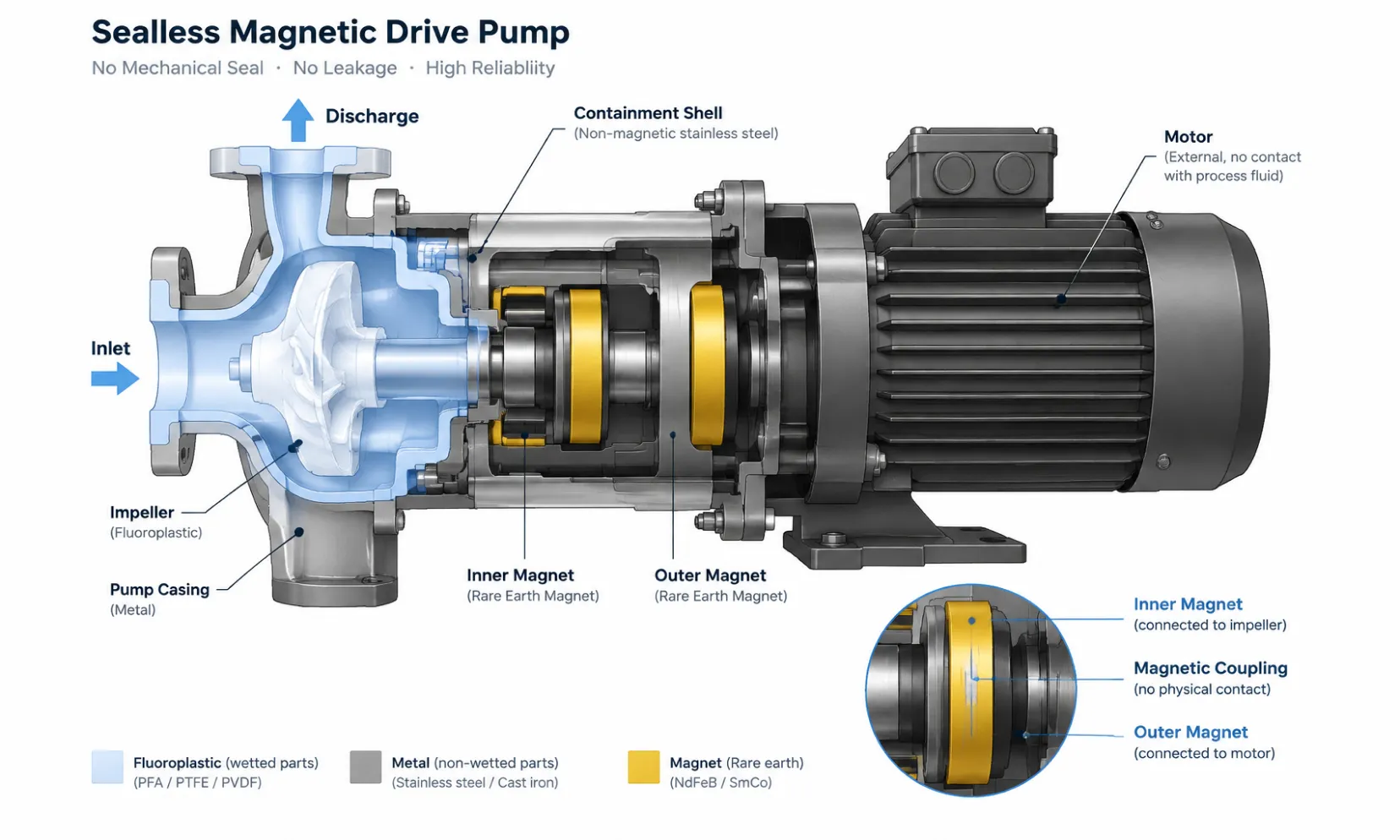 Cross-section diagram of sealless magnetic drive chemical pump internal structure